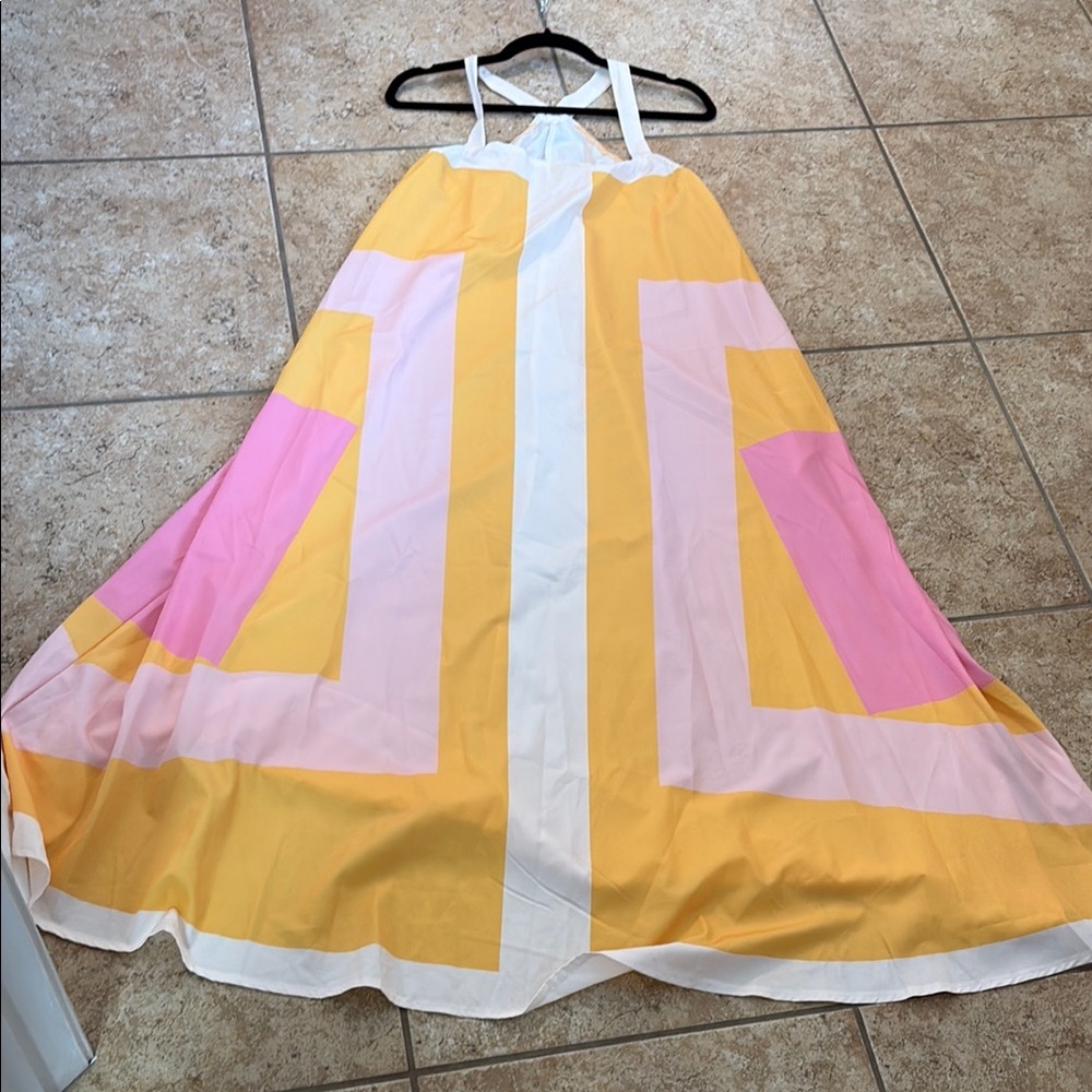 Vibrant maxi Dress in Yellow and Pink with slit on one side ( see pic) nwot